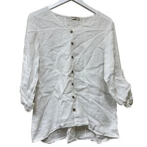 Terzo Millennio Size L Roll Tab Sleeve Buttoned V-Neck Tunic Linen Top White